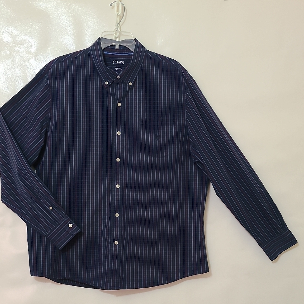 Chaps Men's Stretch Dark Blue and Red Plaid Long Sleeve‎ Button Down Shirt - XXL